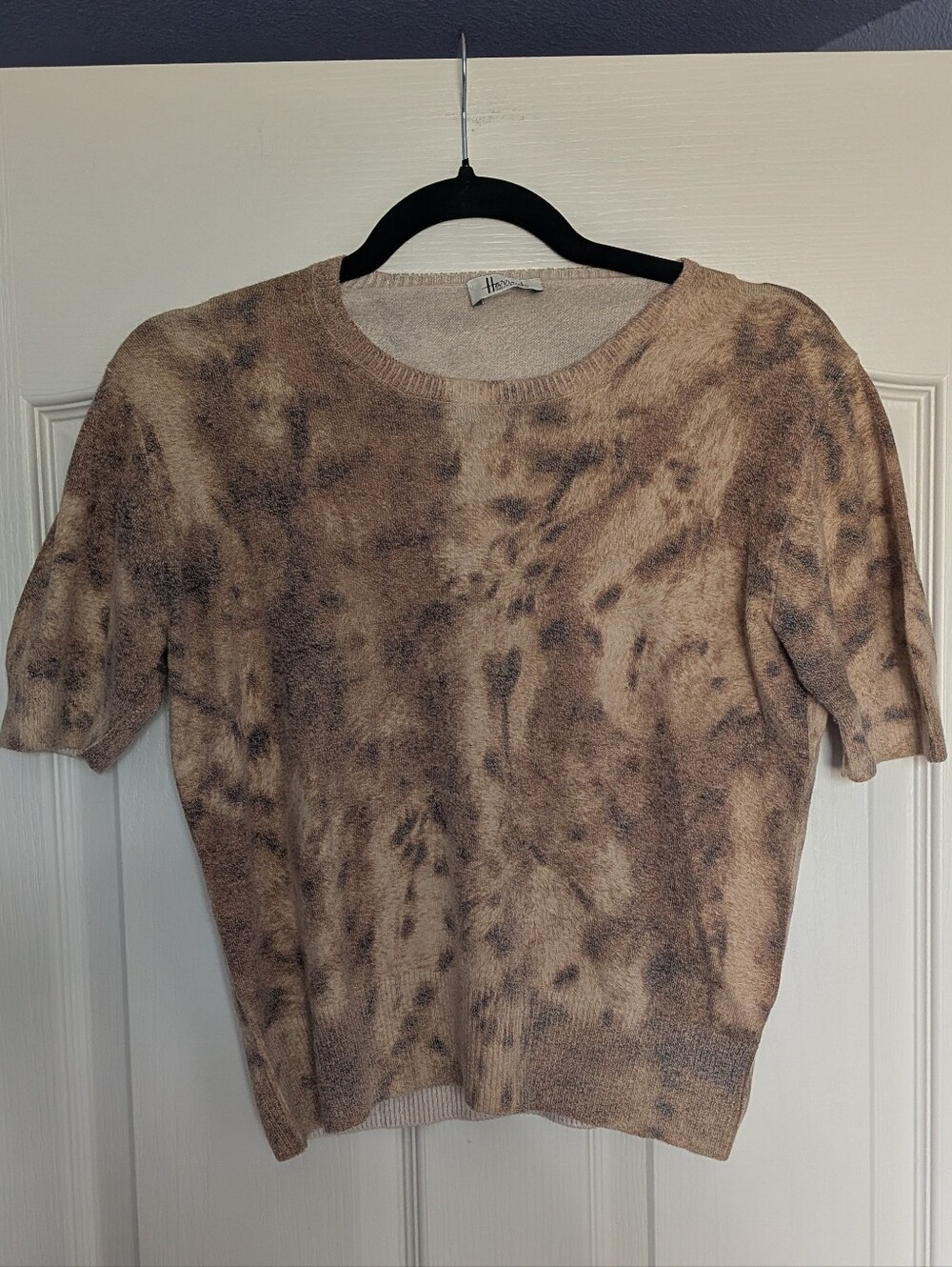Harrods London Cashmere Blend Neutral Marble Knit Short Sleeve Sweater M